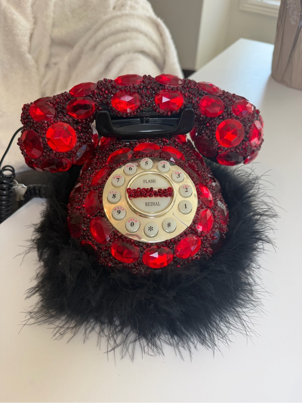 Vintage Y2K Red Jeweled Faux Fur Phone telephone Hollywood regency glam!! Works!